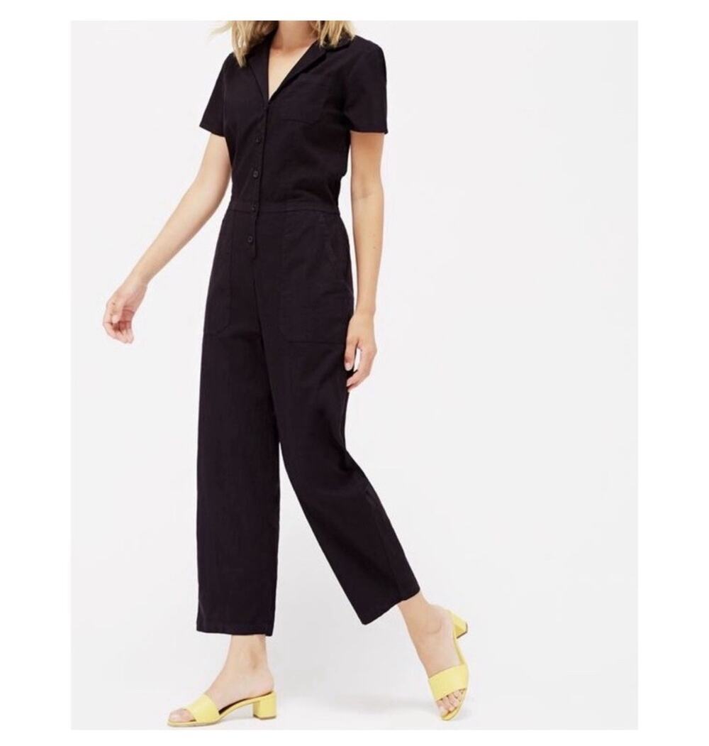 LACAUSA Black Textured Cotton Short Sleeve Casual Montana Jumpsuit Small